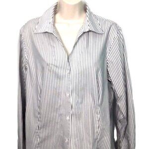 Anne Klein ‎ Long Sleeve Shirt Gray Striped  Size Large Excellent Condition